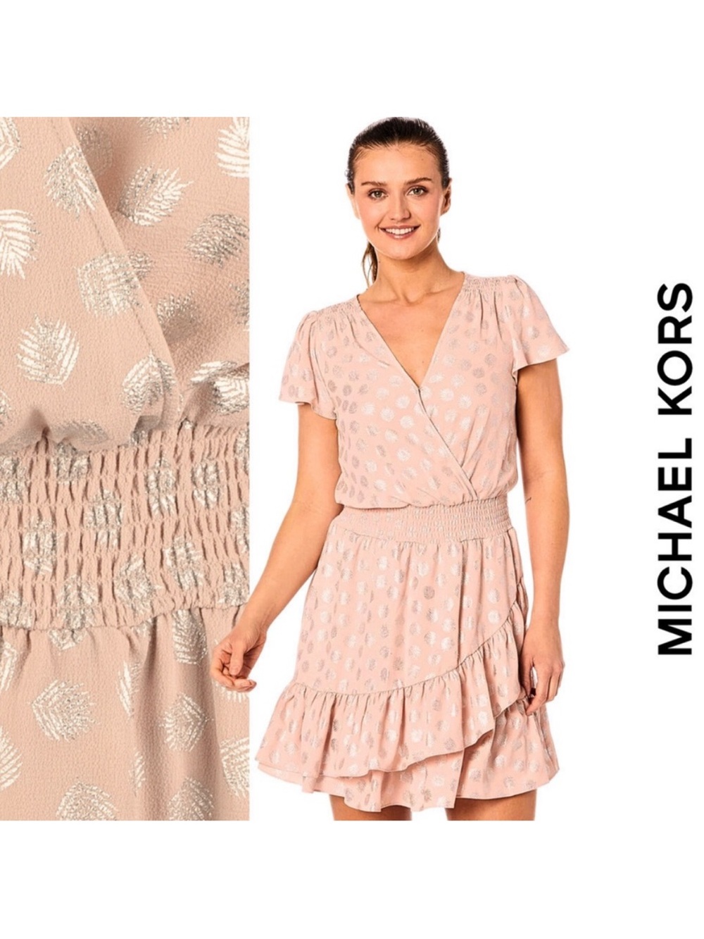 Michael Kors Wrap Smocked waist Midi Dress - Pink and Silver